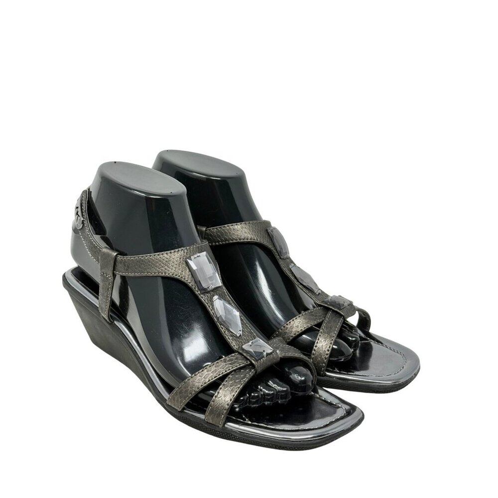 Anne Klein Makala Pewter Gray‎ Wedge Sandals 7M Jewel Accents Ankle Strap - READ
